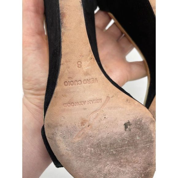 BRIAN ATWOOD Heels Womens 8 Black Suede Wedge Sandals Ankle Strap Gold Detail - Picture 10 of 11